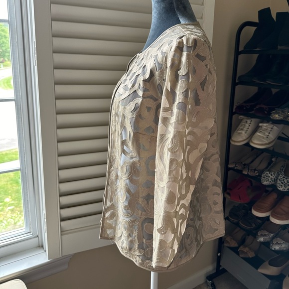 Chico’s Travelers Collection Sheer Open Jacket with Faux Leather Appliqués - Picture 2 of 10